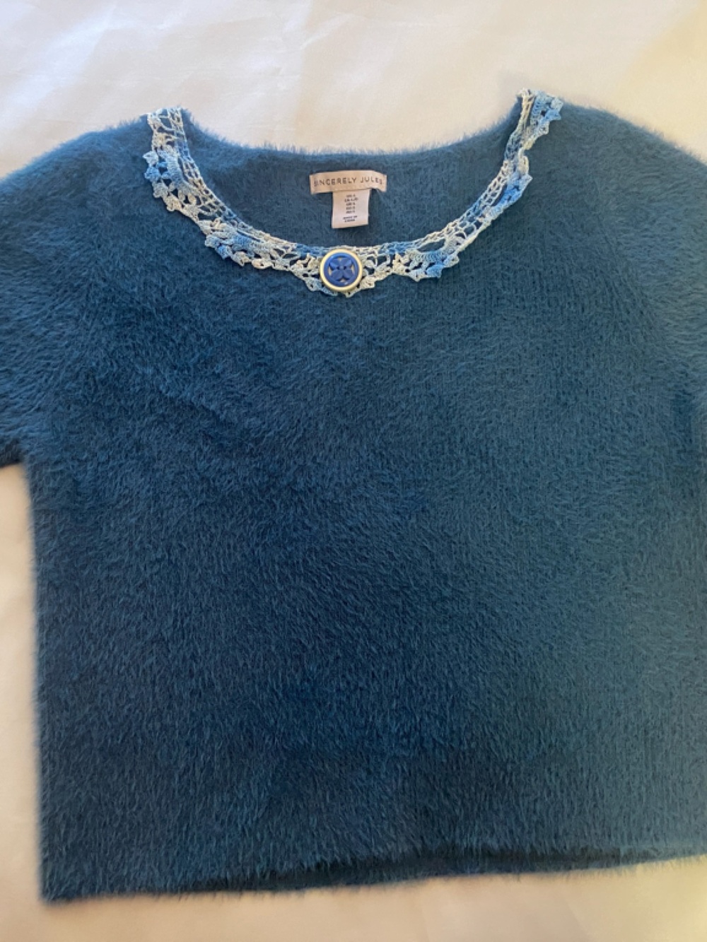 Sincerely Jules Blue Fuzzy Crewneck Sweater with Lace Trim